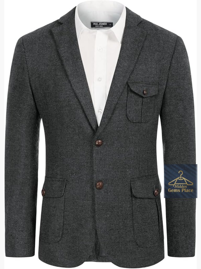 Vintage Notch Lapel Tweed Blazer Herringbone Wool Blend 2 Button Sport Coat
